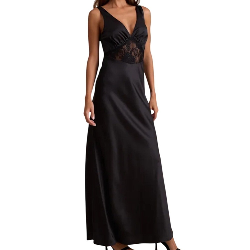 NWT Lulus Toulouse Black Satin Lace Maxi Dress M Slip V-Neck Sleeveless Formal